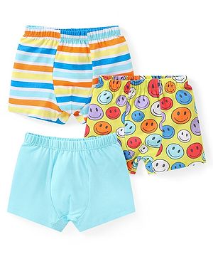 Babyhug 100% Cotton Above Knee Length Trunks Striped & Smiley Print Pack of 3  Multicolour