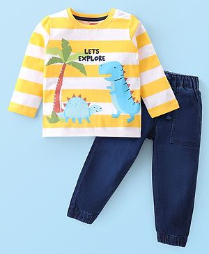 Babyhug Cotton Knit Full Sleeves Striped T-Shirt & Denim Jeans Set With Dino Print - Yellow & Blue