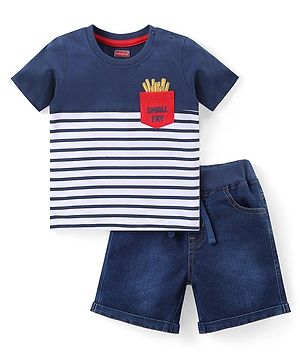 Babyhug Cotton Knit Half Sleeves Striped T-Shirt & Denim Shorts Set With Text Print - Multicolor