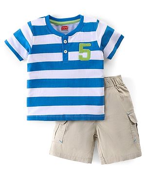 Babyhug Cotton Knit Half Sleeves Striped Henley T-Shirt & Woven Shorts Set - Blue & Beige