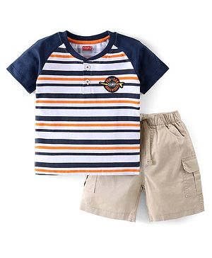 Babyhug Cotton Knit Raglan Sleeves Striped Henley T-Shirt & Woven Shorts Set - Multicolor