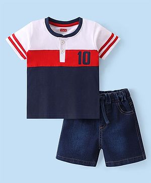 Babyhug Cotton Knit Half Sleeves Number Printed T-Shirt & Denim Shorts Set - Multicolor