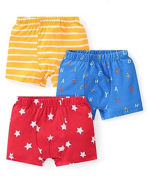 Babyhug 100% Cotton Above Knee Length Trunks Stars & Alphabet Print Pack of 3 - Multicolour