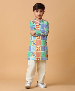 Tales & Stories Viscose Full Sleeves Geometric Design Printed Kurta & Pyjama Set - Blue