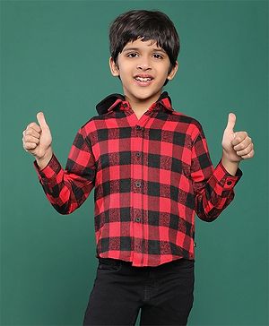 Tales & Stories Full Sleeves Checked Hooded Shirt - Red