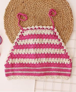 Woonie Halter Neck Handmade Crochet Dual Colour  Top - Pink