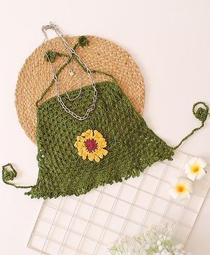 Woonie Cotton Halter Neck Crochet  Sunflower Top - Green