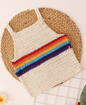 Woonie Cotton Sleeveless Crochet  Rainbow Detailed Top - Cream