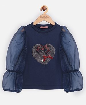 One Friday Balloon Sleeves Heart & Bow Applique Detailed Top - Navy Blue