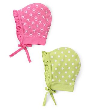 Babyhug 100% Cotton Cap with Knot Heart Print Pack of 2 - Pink & Green