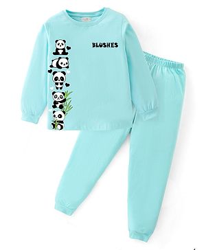 BLUSHES Cotton Knit Full Sleeves Baby Panda Printed Night Suit - Sea Green