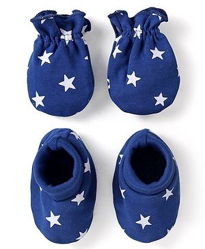 Babyhug 100% Cotton Mittens & Booties Set Star Print - Navy Blue
