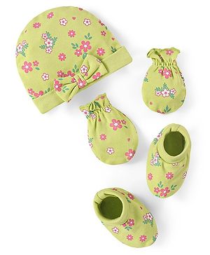 Babyhug 100% Cotton Cap Mittens & Booties Set Floral Print - Green
