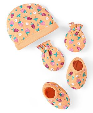 Babyhug 100% Cotton Cap Mittens & Booties Set Strawberry Print - Multicolour
