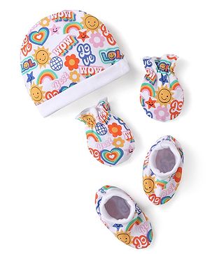 Babyhug 100% Cotton Cap Mittens & Booties Set Text Print Multicolour - Diameter  11.5 cm