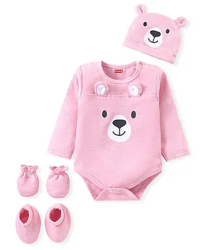 Babyhug Interlock Knit Full Sleeves
                              Onesie with Mittens Booties & Cap Bear
                              Applique & Print - Pink