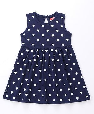 Babyhug Single Jersey Sleeveless Frock with Heart Print - Navy