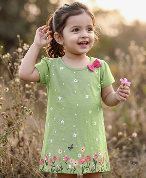 Babyhug Cotton Knit Half Sleeves Frock with Floral Print & Bow Detailing - Green