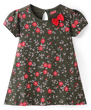 Babyhug Single Jersey Knit Half Sleeves Frock with Floral Print & Bow Applique - Green