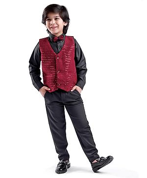 Babyhug Woven Full Sleeves Sequined 3 Piece Party Suit with Bow - Black & Red