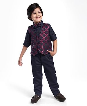 Babyhug Woven Full Sleeves Floral Embroidered 3 Piece Party Suit with Bow - Maroon & Navy Blue