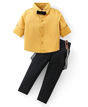 Babyhug Cotton Woven Full Sleeves Party Shirt & Trouser Set with Suspendor & Bow -Mustard & Black