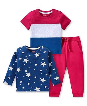 Babyhug Cotton Knit Half And Full Sleeves T-Shirt & Pants Set Valuepack With Star & Stripes Print -  Multicolor