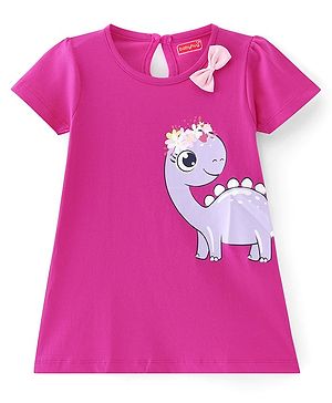 Babyhug Single Jersey Knit Half Sleeves Dino Printed Frock with Bow Applique  -Pink