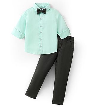 Babyhug Cotton Woven Full Sleeves Solid Shirt & Trouser Set with Bow & Suspender - Sea Green