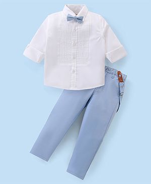 Babyhug Cotton Woven Full Sleeves Solid Party Wear Shirt & Trouser Set with Suspender & Bow - Sky Blue