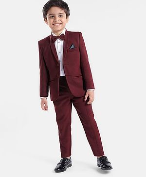 Babyhug Woven Full Sleeves Solid Colour 3 Piece Party Suit with Bow - Maroon