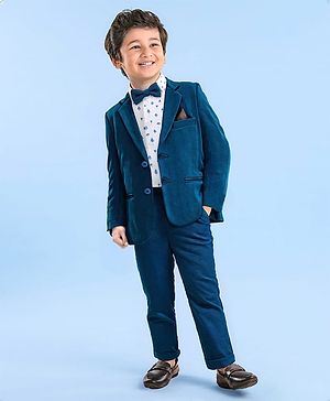 Babyhug Woven Full Sleeves Tree Printed 3 Piece Party Suit - Blue