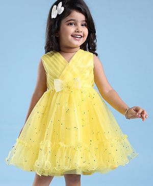 Babyhug Woven Sleeveless Fit & Flare Party Frock with Embellished Yoke & Bow Applique- Yellow