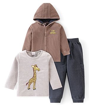 Babyhug Cotton Terry Knit Full Sleeves Hoodie  With T-Shirt & Lounge Pants Set With Safari Print - Multicolor