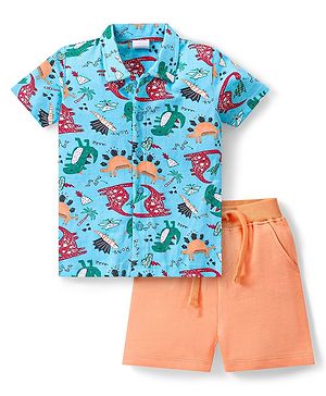 Babyhug Cotton Knit Half Sleeves Dinosaurs Printed Shirt & Shorts Set - Blue & Orange