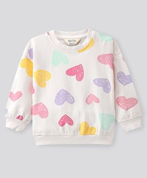Bonfino 100% Cotton French Terry Full Sleeves Sweatshirt with Heart Print - Ivory