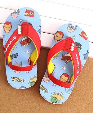 Cute Walk by Babyhug Marvel Flip Flops With Back Strap Avengers Print - Red & Sky Blue