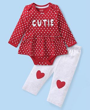 Babyhug 100% Cotton Knit Full Sleeves Onesies with Leggings Heart Print- Red