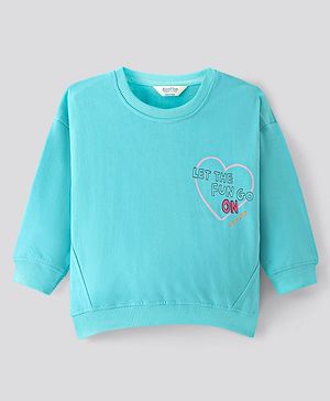 Bonfino 100% Cotton French Terry Full Sleeves Drop Shoulder Sweatshirt with Heart & Text Print- Blue