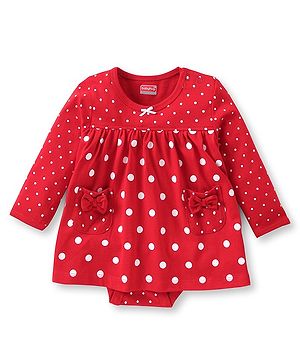 Babyhug 100% Cotton Knit Full Sleeves Frock Style  Onesie with Bow Applique & Polka Dots Print- Red