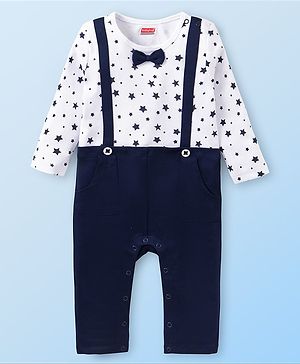 Babyhug 100% Cotton Knit Full Sleeves Romper with Bow Detailing & Star Print - Navy Blue