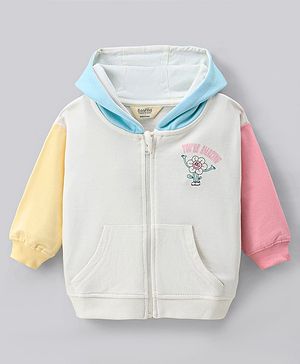 Bonfino 100% Cotton French Terry Knit Full Sleeves Front Open Hooded Sweatjacket with Floral Print & Kangaroo Pockets - Ivory