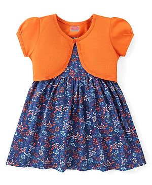 Babyhug Single Jersey Cotton Frock with Half Sleeves Jacket Floral Print - Blue
