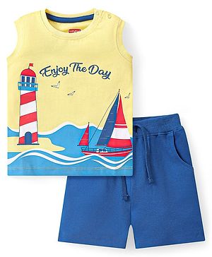 Babyhug Single Jersey Knit Sleeveless T-Shirt & Shorts Set with Boat & Lighthouse Print - Yellow & Blue