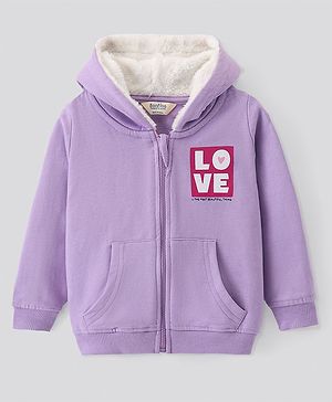 Bonfino  100% Cotton Knit French Terry Full Sleeves Hoodie with Fur Lining Text  Print - Lilac