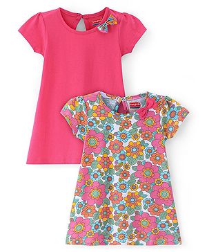 Babyhug Single Jersey Knit Half Sleeves Solid & Floral Printed with Bow Appliques Frocks Pack of 2 - Dark Pink & White