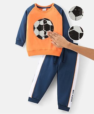 Babyhug Cotton Knit Full Sleeves T-Shirt & Lounge Pants Set With Reversible Sequin Football Print - Multicolor