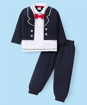 Babyhug Cotton Knit Full Sleeves Overlapped Polo T-Shirt & Lounge Pants Set With Bow - Blue