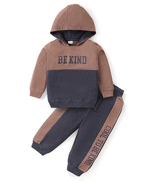 Babyhug Cotton Knit Full Sleeves Hoodie Top & Pants Set With Text Print - Multicolor