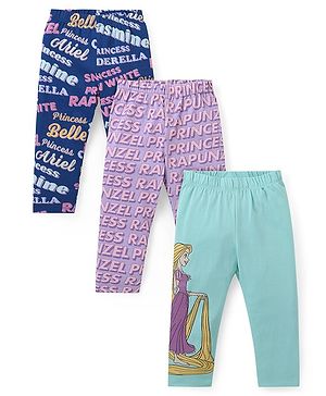 Babyhug Disney Lycra Knit Full Length Leggings with Disney Princess Print Pack of 3 - Sky Navy Blue & Purple